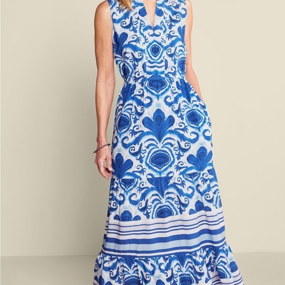 Soft Surroundings Blue Patterned Sleeveless Maxi Dress